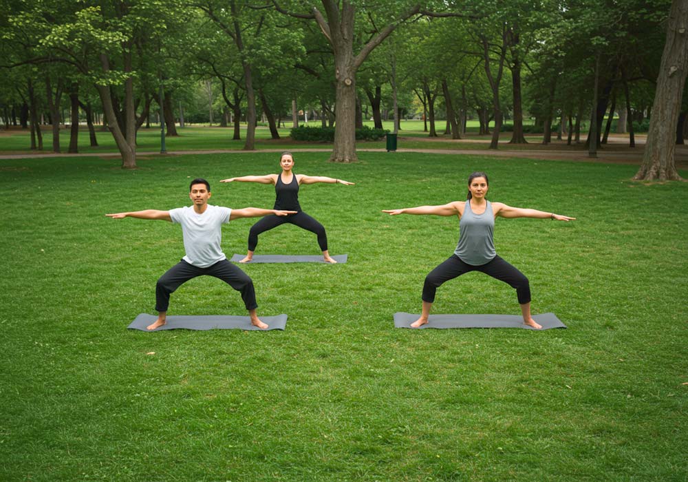 Dwie kobiety i mężczyzna wykonują sekwencję Powitanie Słońca w parku