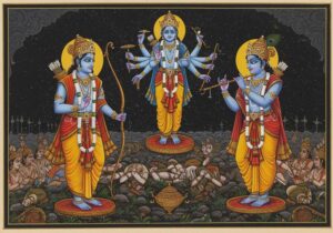 Symboliczny obraz przedstawiający pełne wcielenia Wisznu (Ramę i Krysznę) jako obrońców dharmy