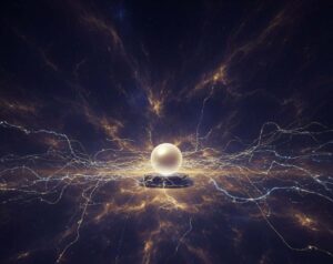 Wizualizacja wolności od pragnień i natury cierpienia. Gładka, perłowa kula spoczywa w centrum burzy elektrycznych linii i kosmicznych wzorów, symbolizując niewzruszony spokój (Błogość) pośrodku dualistycznego świata