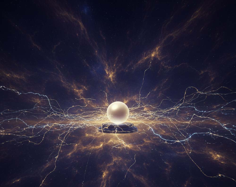 Wizualizacja wolności od pragnień i natury cierpienia. Gładka, perłowa kula spoczywa w centrum burzy elektrycznych linii i kosmicznych wzorów, symbolizując niewzruszony spokój (Błogość) pośrodku dualistycznego świata