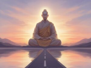 Spokojna scena z medytującym mężczyzną w pozycji lotosu, uosabiającym Nauczyciela. Zakończona droga łączy się z jeziorem świadomości