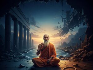 Indyjski mędrzec siedzi w ruinach iluzorycznego świata, wskazując na linę, która w cieniu wygląda jak wąż. Tło to rozpadające się filary symbolizujące Maję. Dominują szafir, bursztyn i czerń.