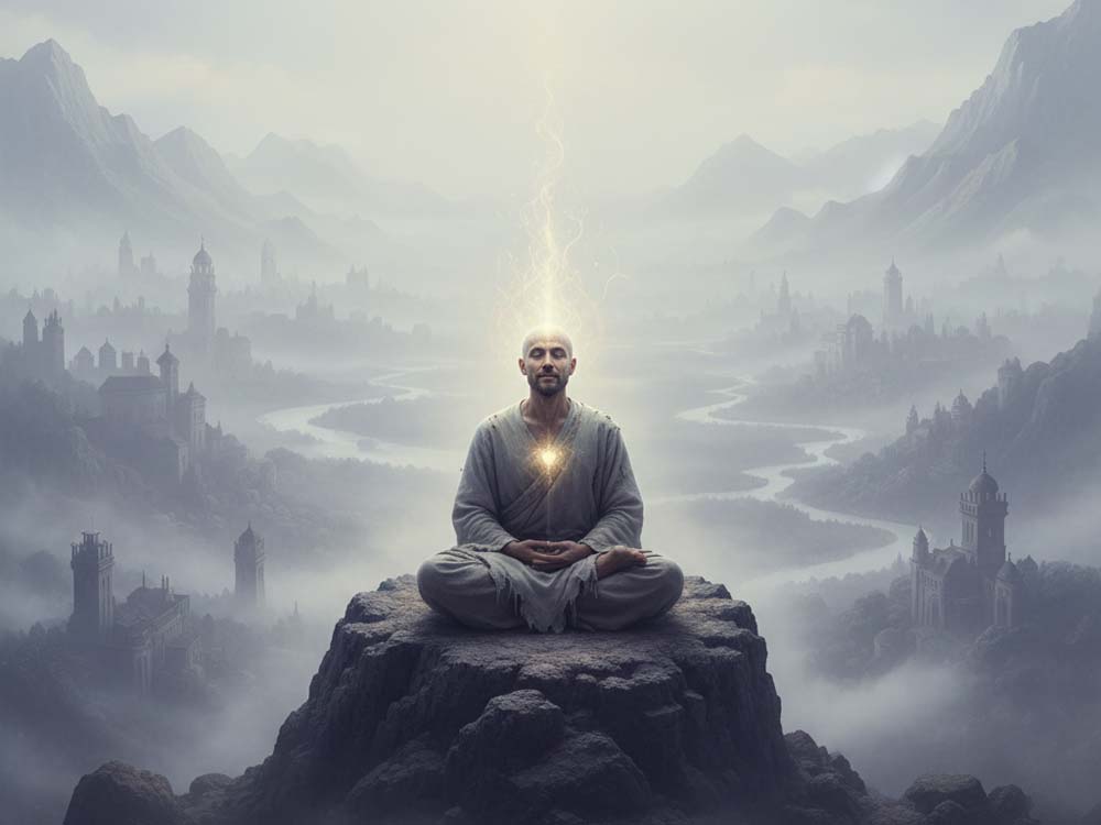 Medytujący pustelnik siedzi na skalistym wzgórzu, emanując wewnętrzną poświatą, z widokiem na zamgloną dolinę z efemerycznymi kształtami miast i rzek, symbolizującymi iluzję.